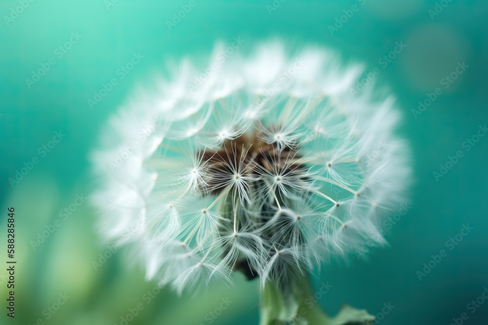 Poster  a close up of a dandelion with a blurry back dropper in the middle of the image and a blurry back dropper in the middle of the dandeling background.  generative ai
