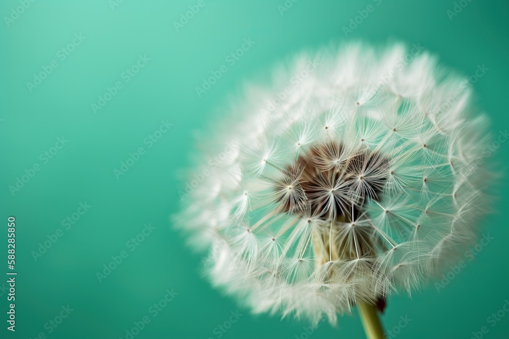 Poster  a dandelion is blowing in the wind on a green background with a blurry image of the dandelion in the foreground.  generative ai