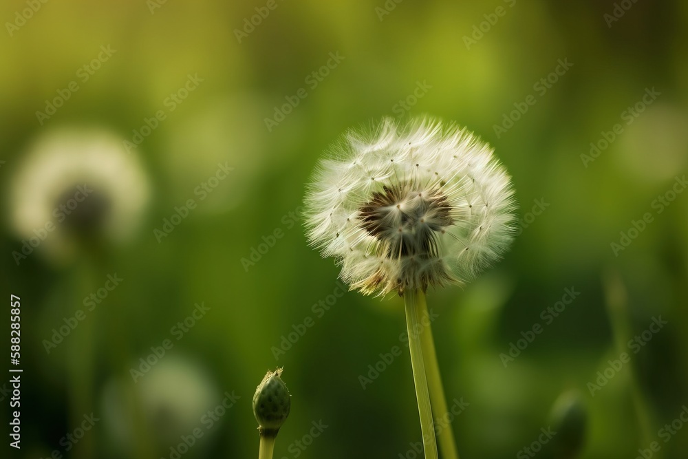 Poster a close up of a dandelion in a field of grass with blurry green and yellow background in the foregro