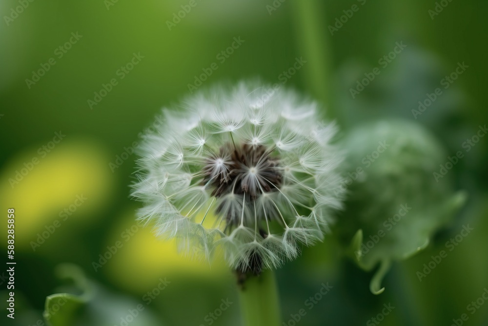 Poster a close up of a dandelion with a blurry background in the foreground of the image, with a blurry bac