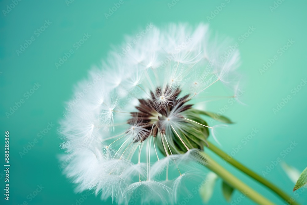 Poster  a close up of a dandelion on a green background with a blurry background of the dandelion in the foreground.  generative ai