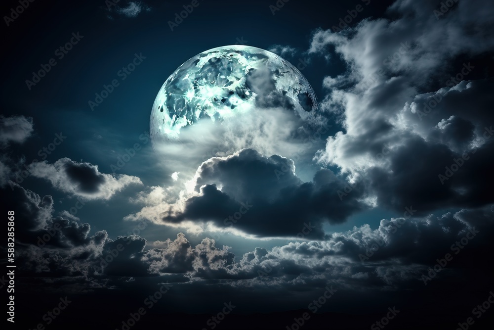 Poster a full moon in a cloudy sky with a few clouds in the foreground and a dark blue sky with a few cloud
