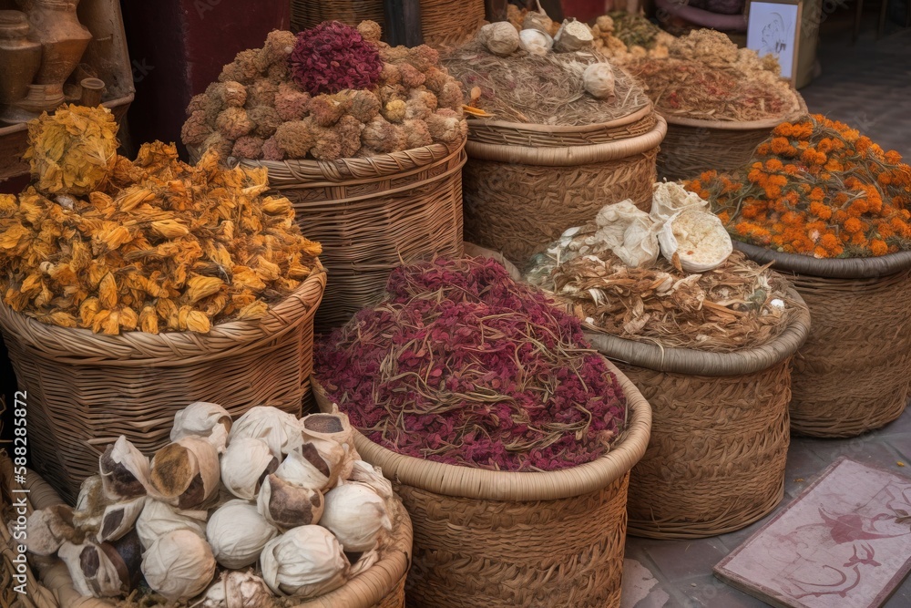 Poster baskets filled with different types of dried flowers and nuts on display at a market stall in a city