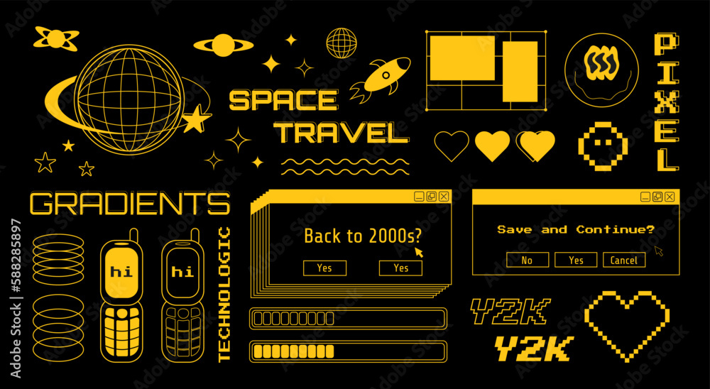 Poster y2k set of graphic computer and technological elements, orange vector illustrations on a black backg