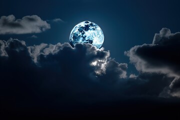  a full moon is seen through the clouds in the night sky with a dark blue hue to the sky and below it is a dark blue sky with white clouds.  generative ai