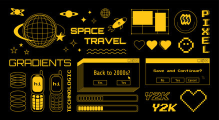 Y2K set of graphic computer and technological elements, orange vector illustrations on a black background.