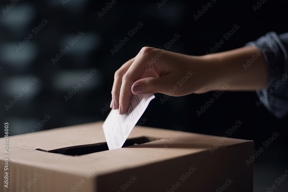 Poster a person putting a piece of paper in a box with a black background and a hand reaching out to the bo