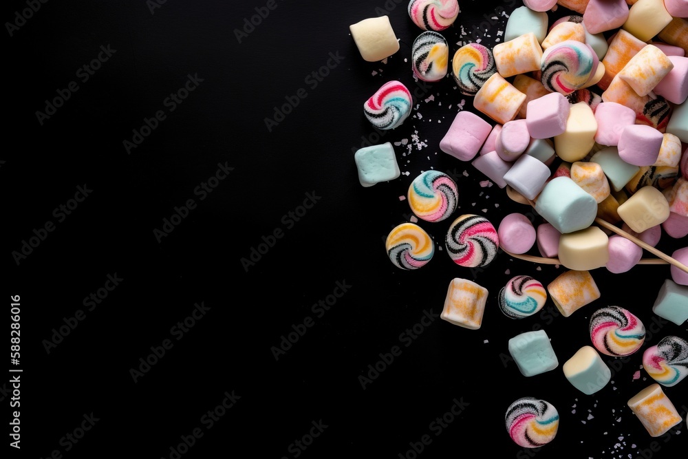 Poster a pile of colorful lollipops sitting on top of a black table next to a spoon with a spoon in it and 