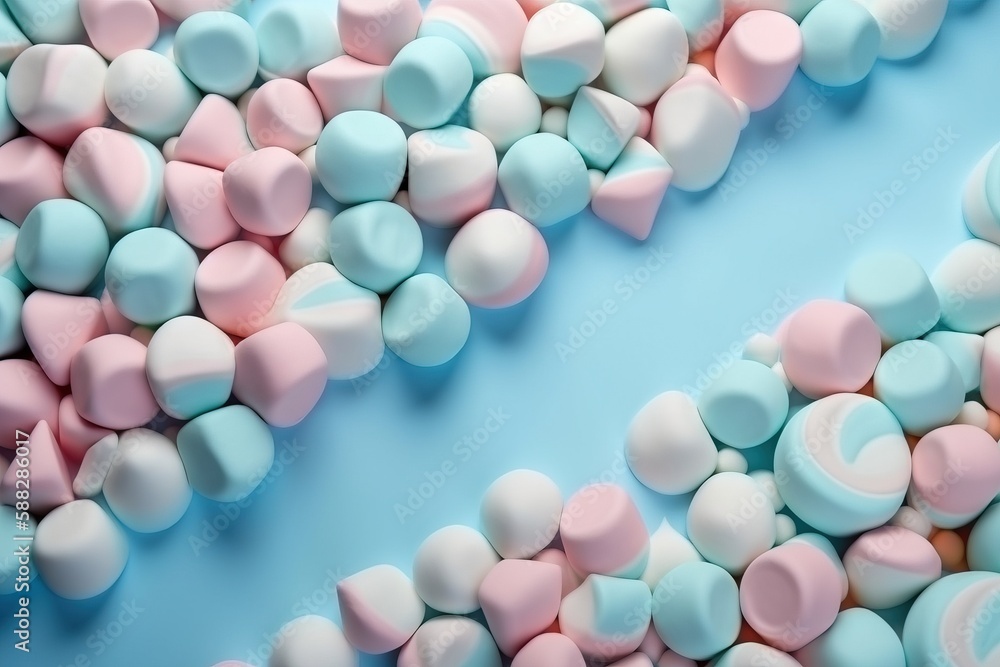 Poster a blue and pink background with small candy candies in the shape of a letter s and a smaller one in 