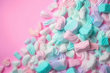  a pile of candy hearts on a pink background with pastel colors and a pink background with pastel colors and a pink background with pastel colors.  generative ai