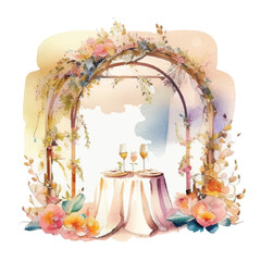 Watercolor wedding decorations with wedding gate, wedding table, flowers and alcove isolated and editable