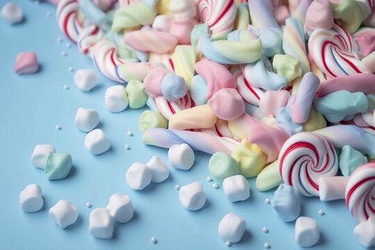  a pile of candy canes and marshmallows on a blue background with scattered scattered candy canes and scattered scattered candy canes.  generative ai