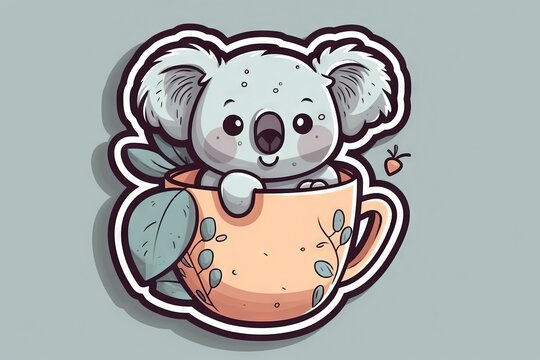  a koala bear sitting in a cup with leaves on the rim of it's head, with the words koala on the side of the cup.  generative ai