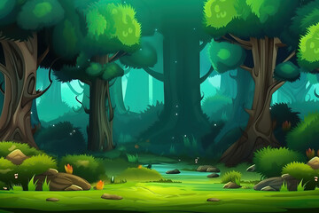 Game Art Fantasy Forest Environment, Concept illustration cartoon style, background created with Generative AI