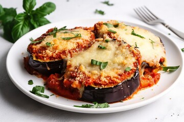  a white plate topped with stuffed eggplant covered in cheese and sauce and garnished with parmesan and green leaves next to a fork.  generative ai