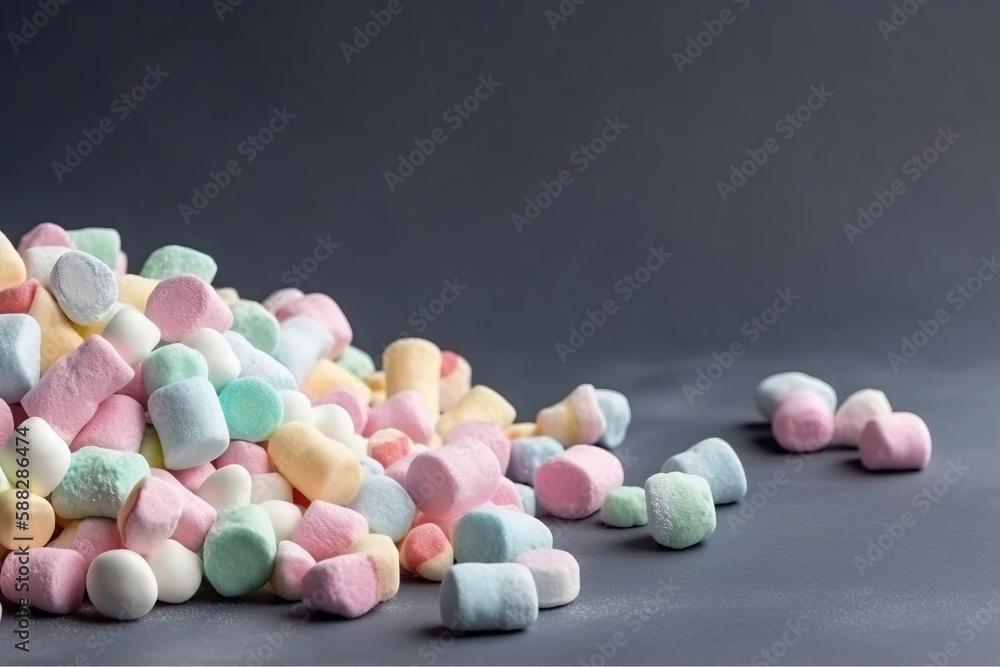 Poster a pile of marshmallows sitting on top of a gray table next to a pile of other marshmallows on a tabl