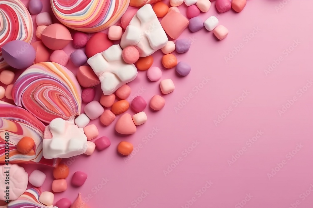 Poster a pink background with lots of candy and marshmallows on top of each other and a pink background wit