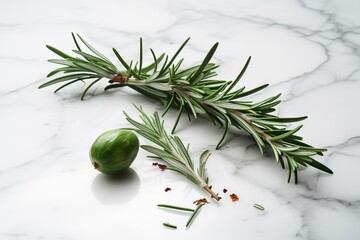  a sprig of rosemary next to an olive on a marble counter top with a sprig of rosemary next to it on a marble surface. generative ai