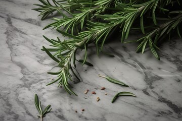  a close up of a rosemary plant on a marble surface with a sprig of rosemary in the foreground of the image and a sprig of rosemary on the right side.  generative ai