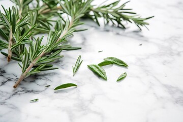  a close up of a plant on a marble surface with leaves and a sprig of rosemary on the side of the table top.  generative ai