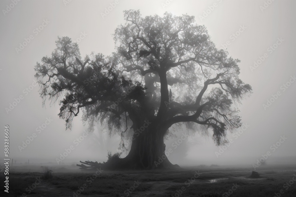 Poster a large tree in the middle of a field with fog in the air and a person sitting on a bench under it o