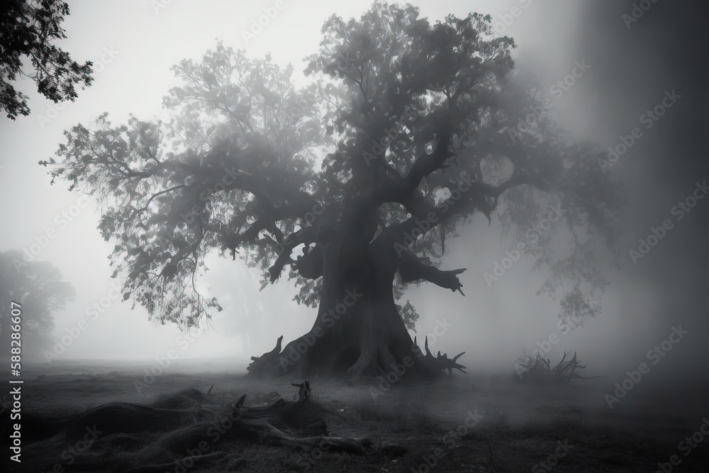 Poster a large tree in a foggy field with trees in the background and fog in the foreground, with a few lea