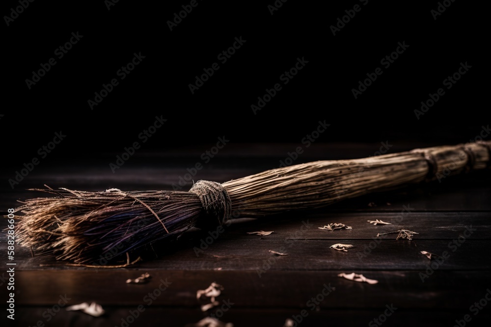 Poster a broom is laying on a wooden floor with dried leaves around it and a string of twine on top of the 