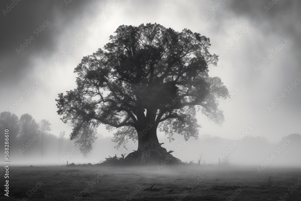 Poster a large tree in a field with a foggy sky in the background and trees in the foreground with a fence 