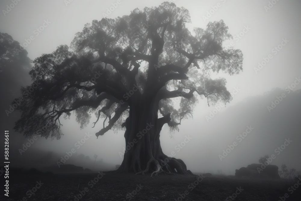 Poster a large tree in the middle of a foggy field with a graveyard in the background and a graveyard in th