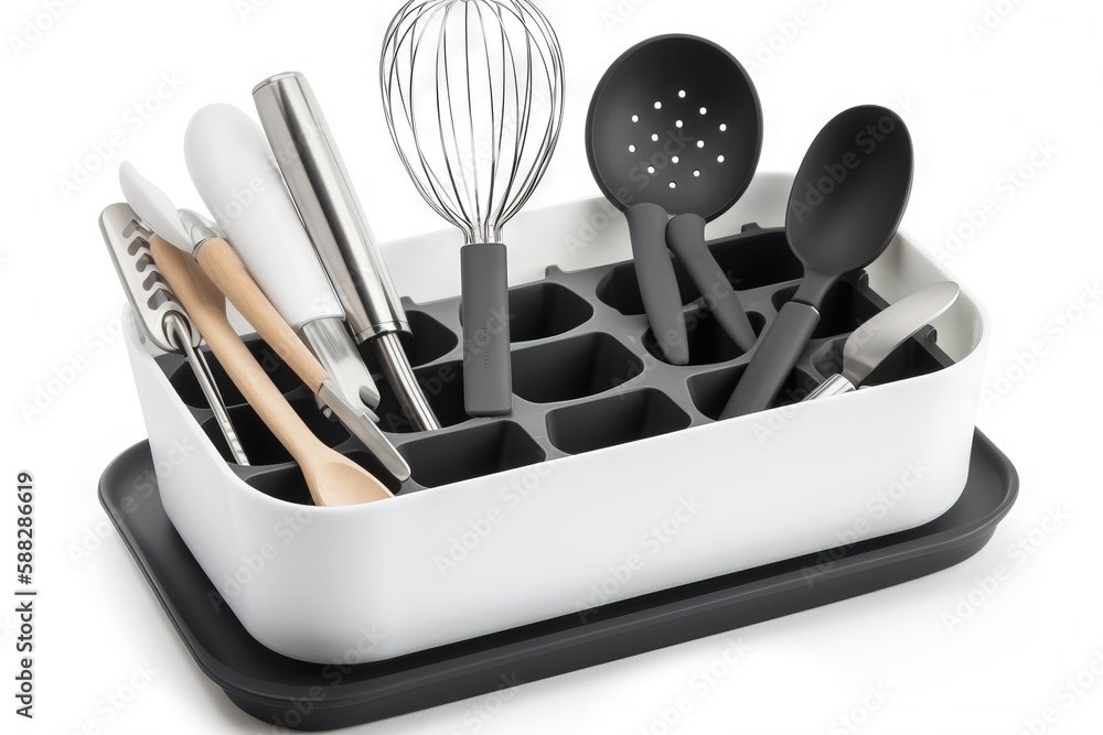 Poster a cup holder with utensils and a whisk in the middle of it on a white surface with a black base and 