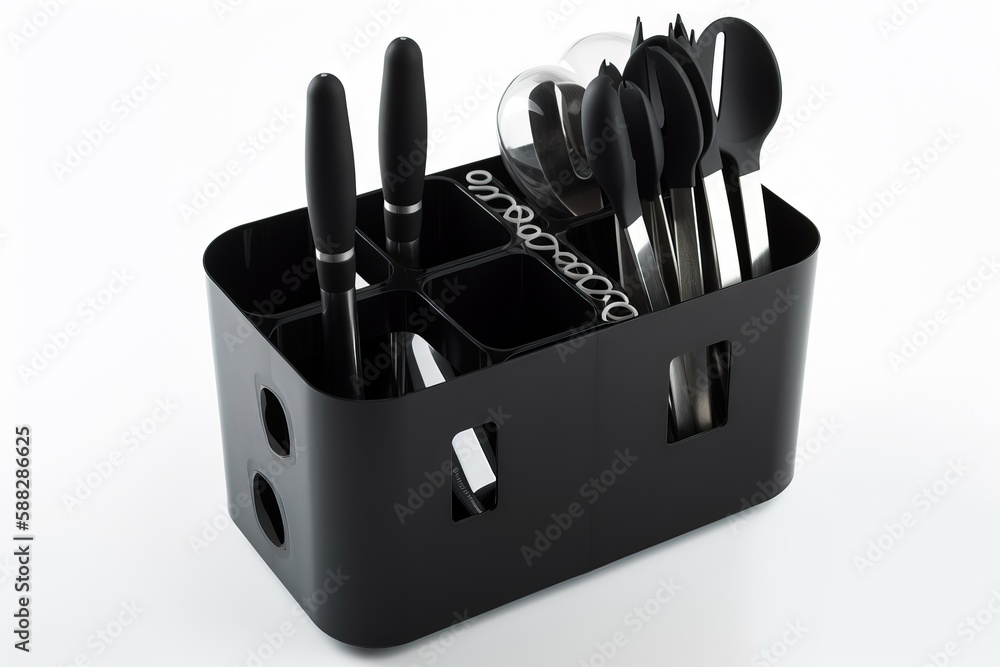 Poster a black container with utensils and spoons in it on a white surface with a white background and a wh