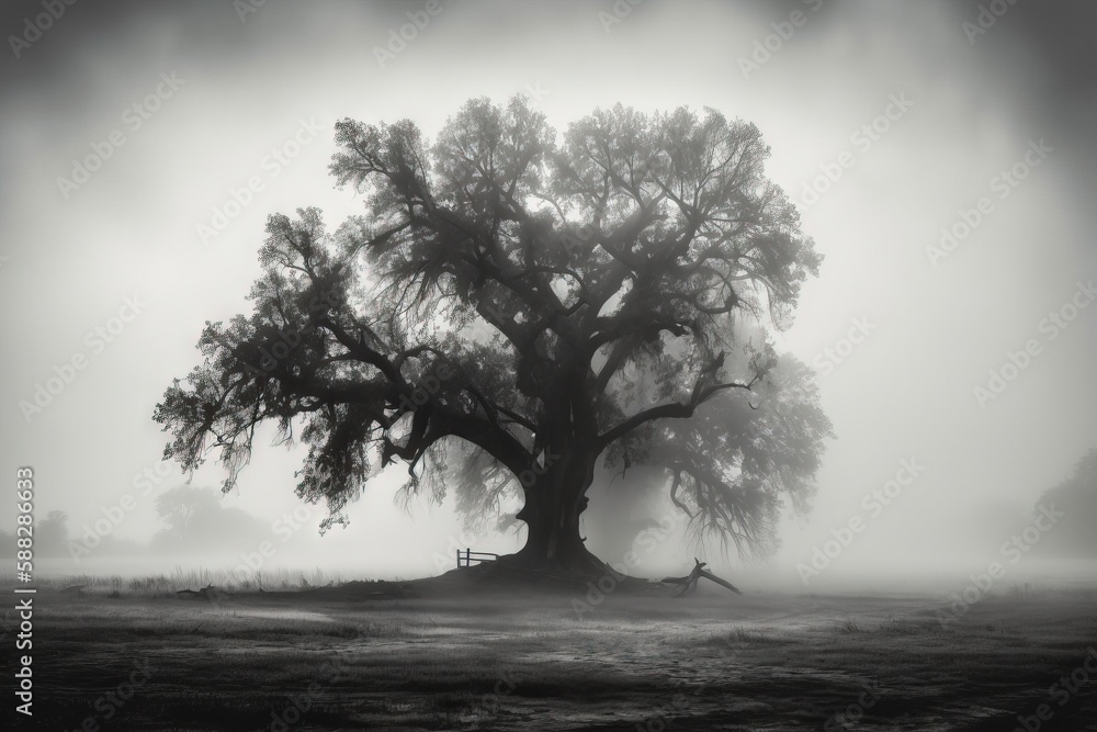Poster a large tree in the middle of a field with fog in the air and a bench under it on a foggy day in the