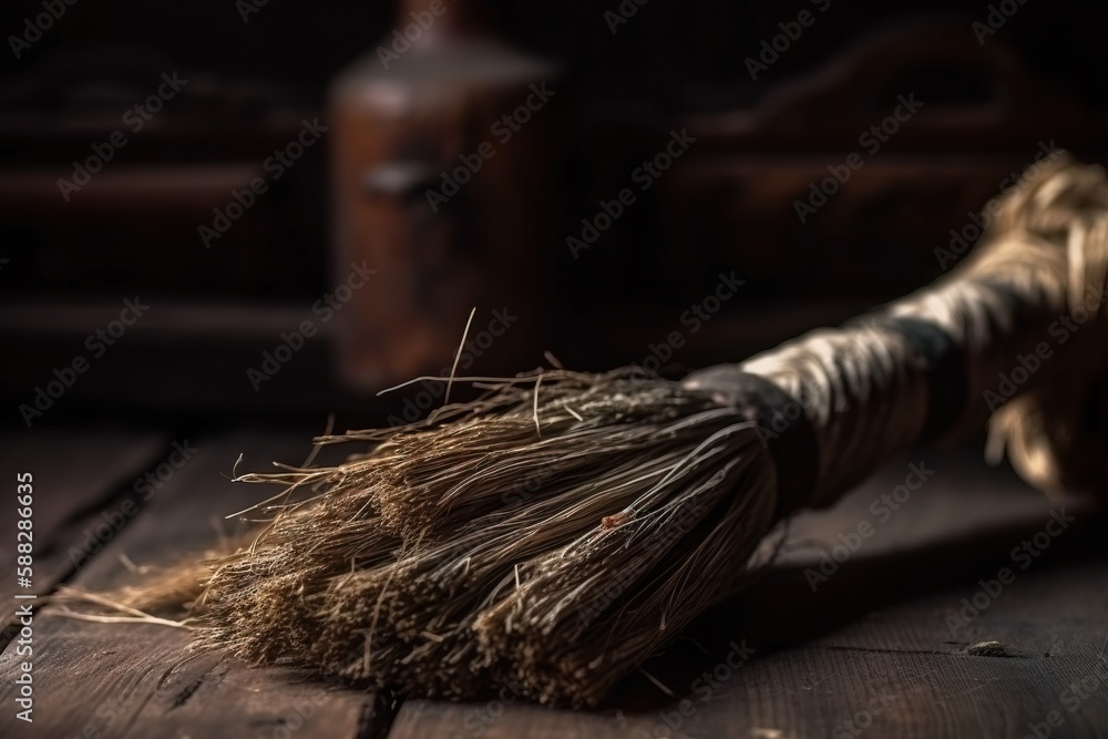 Poster a close up of a broom on a wooden floor with a vase in the background and a string wrapped around th