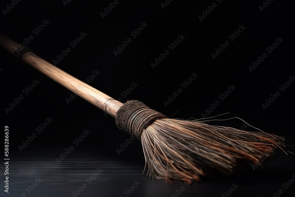 Poster a broom with a long wooden handle on a black background with a reflection of the broom on the floor 