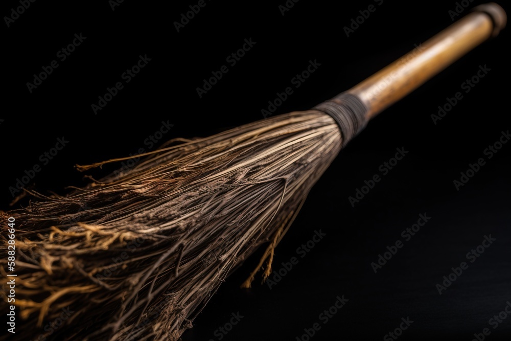 Poster  a close up of a broom on a black background with a black background and a black background with a black background and a black background with a brown broom.  generative ai