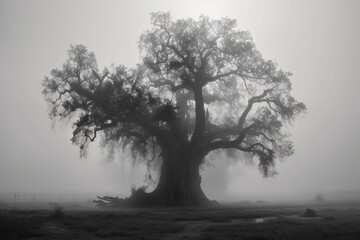  a large tree in the middle of a field with fog in the air and a person sitting on a bench under it on a foggy day.  generative ai