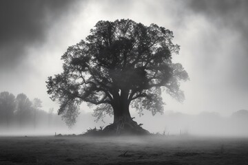  a large tree in a field with a foggy sky in the background and trees in the foreground with a fence in the foreground.  generative ai