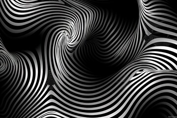  an abstract black and white background with wavy lines and curves in the center of the image, with a black background with white and black stripes.  generative ai