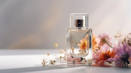 Empty perfume bottle mockup on light background with different flowers for cosmetic branding. AI generated - obrazy, fototapety, plakaty