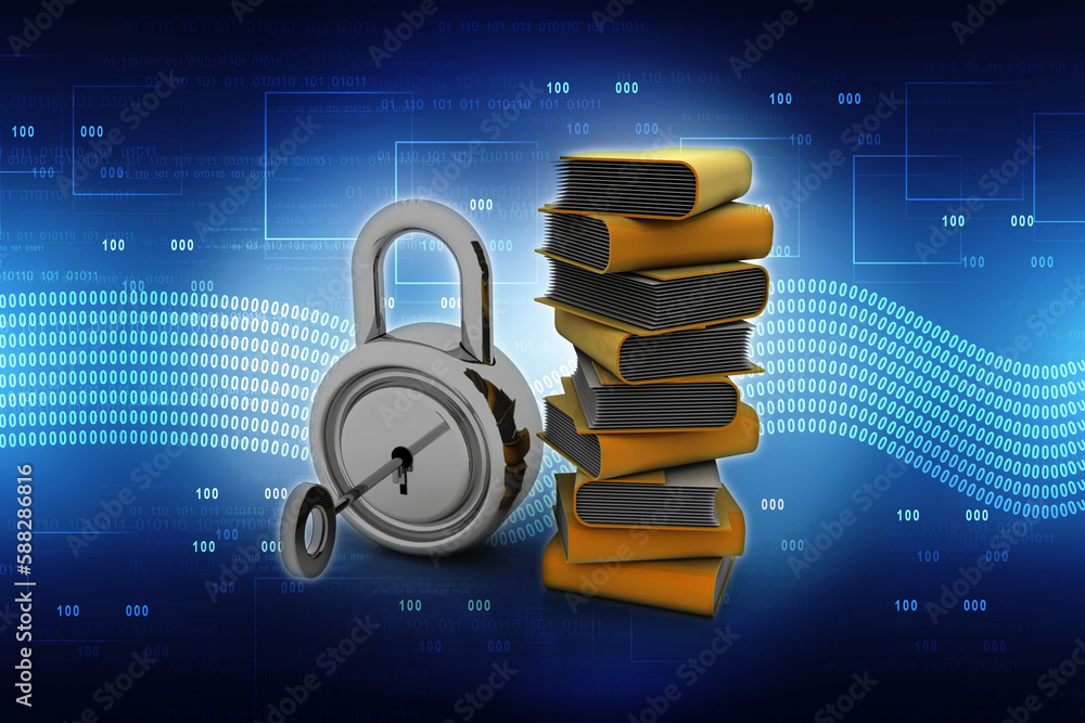 Poster 3d rendering yellow folder and lock. data security concept