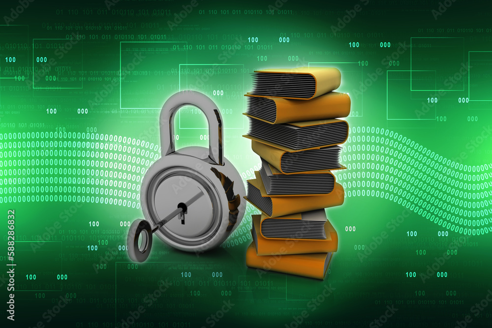Poster 3d rendering yellow folder and lock. data security concept