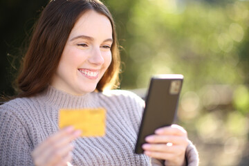 Fototapeta premium Happy woman buying online in a park