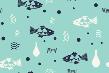 Seamless classic vintage art pattern with fish on light teal blue background.