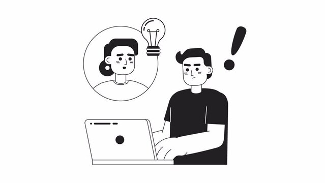 Animated mono devs in remote team. Web development. Collaboration. 2D black and white flat characters 4K video footage with alpha channel transparency. Thin line art concept animation for web design