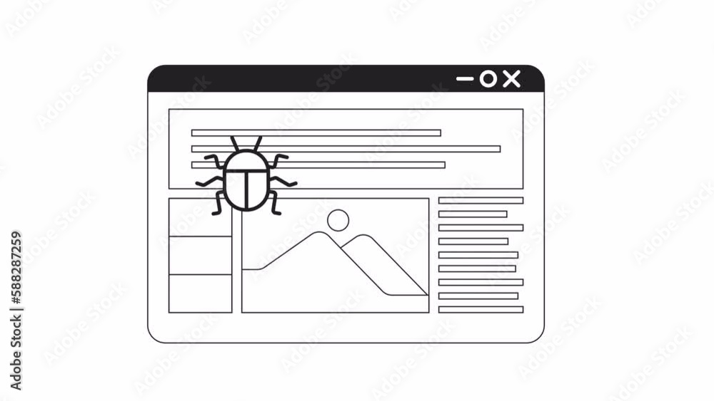 Poster animated mono bugs in website. mistakes in webpage code. black and white thin line icon 4k video foo
