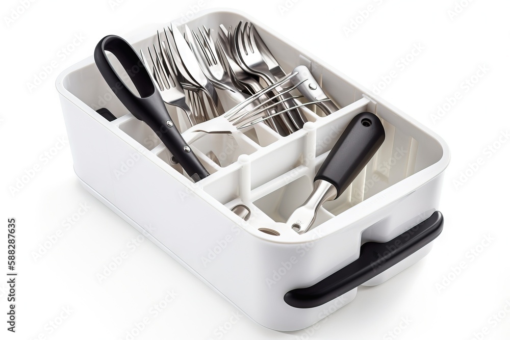 Poster a white container filled with utensils and a black spoon and fork holder with utensils in it and a b
