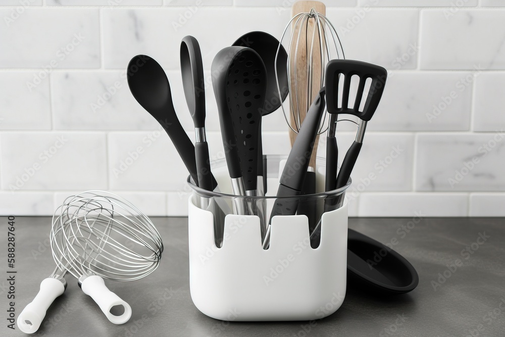 Poster a cup with utensils and a whisk in it on a counter top next to a whisk and whisk. generative ai