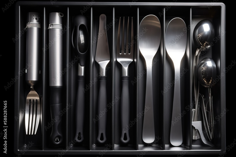 Poster a drawer with a bunch of silverware in it and spoons and spoons in the bottom half of the drawer and