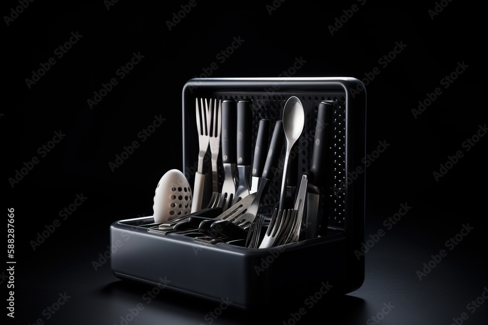 Poster a black container with a bunch of forks and spoons in it on a black background with a black backgrou