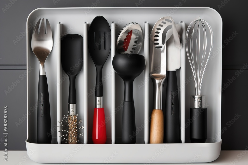 Poster a white tray with a bunch of kitchen utensils in it and a whisk and whisk in the middle of the tray.